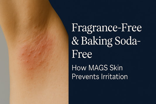 A landscape digital graphic showing MAGS Skin deodorant with labeled text “Fragrance-Free & Baking Soda-Free” and visuals of soothing natural elements, highlighting its suitability for sensitive skin.