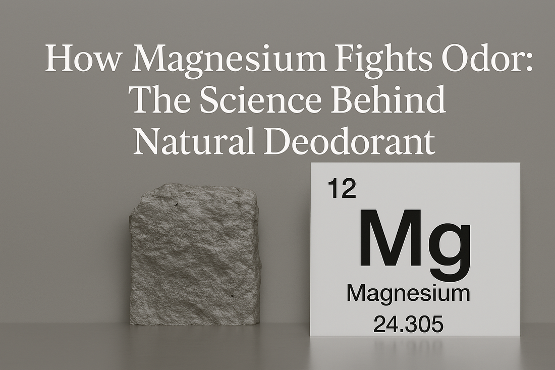Banner showing headline ‘How Magnesium Fights Odor’ with an Mg periodic-table tile and a rock