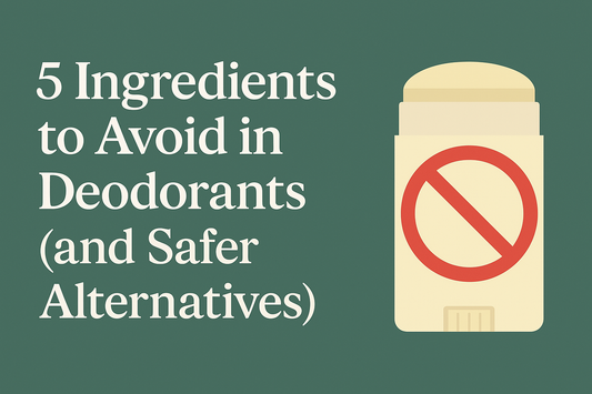 Illustration showing common deodorant ingredients to avoid and safer alternatives, with deodorant stick crossed out