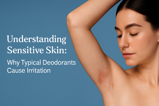 Header reading Understanding Sensitive Skin: Why Typical Deodorants Cause Irritation with woman showing red irritated underarm on blue