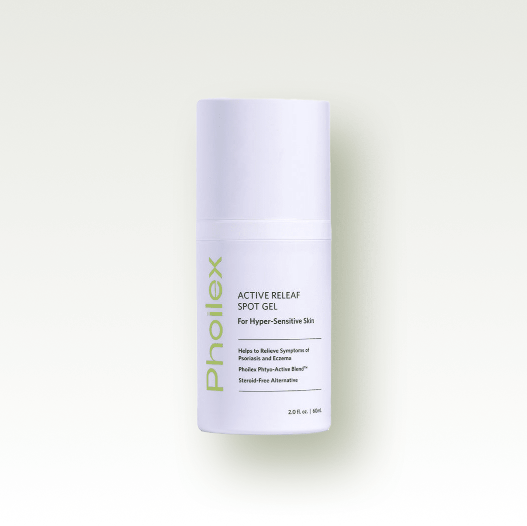 Front view of Active ReLeaf Spot Gel bottle showing white pump and vertical green brand name on pale green background
