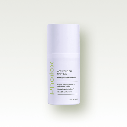 Front view of Active ReLeaf Spot Gel bottle showing white pump and vertical green brand name on pale green background
