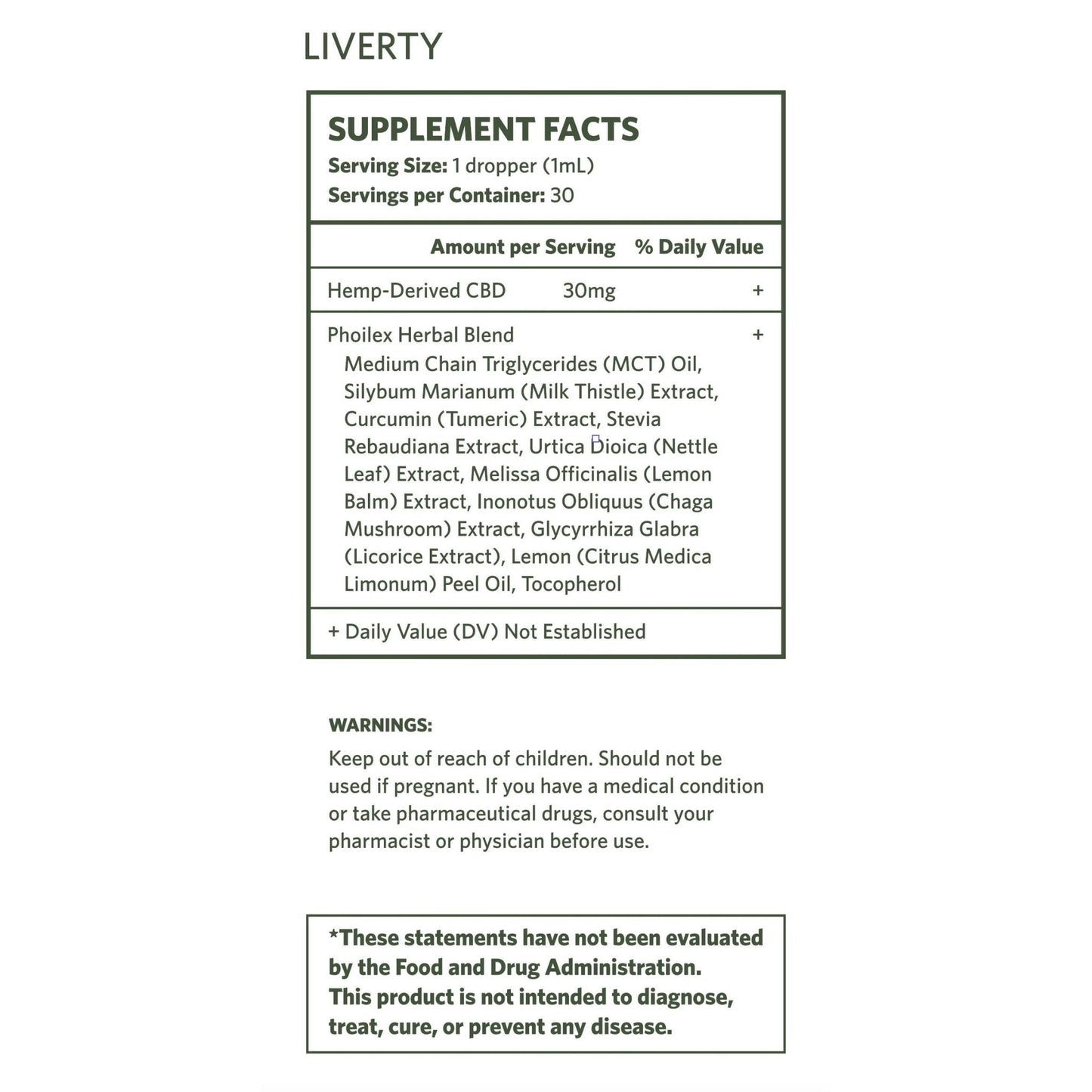 Supplement facts label: 1 dropper (1 mL) serving; 30 mg hemp-derived CBD per serving; herbal blend ingredients list; warnings and FDA disclaimer