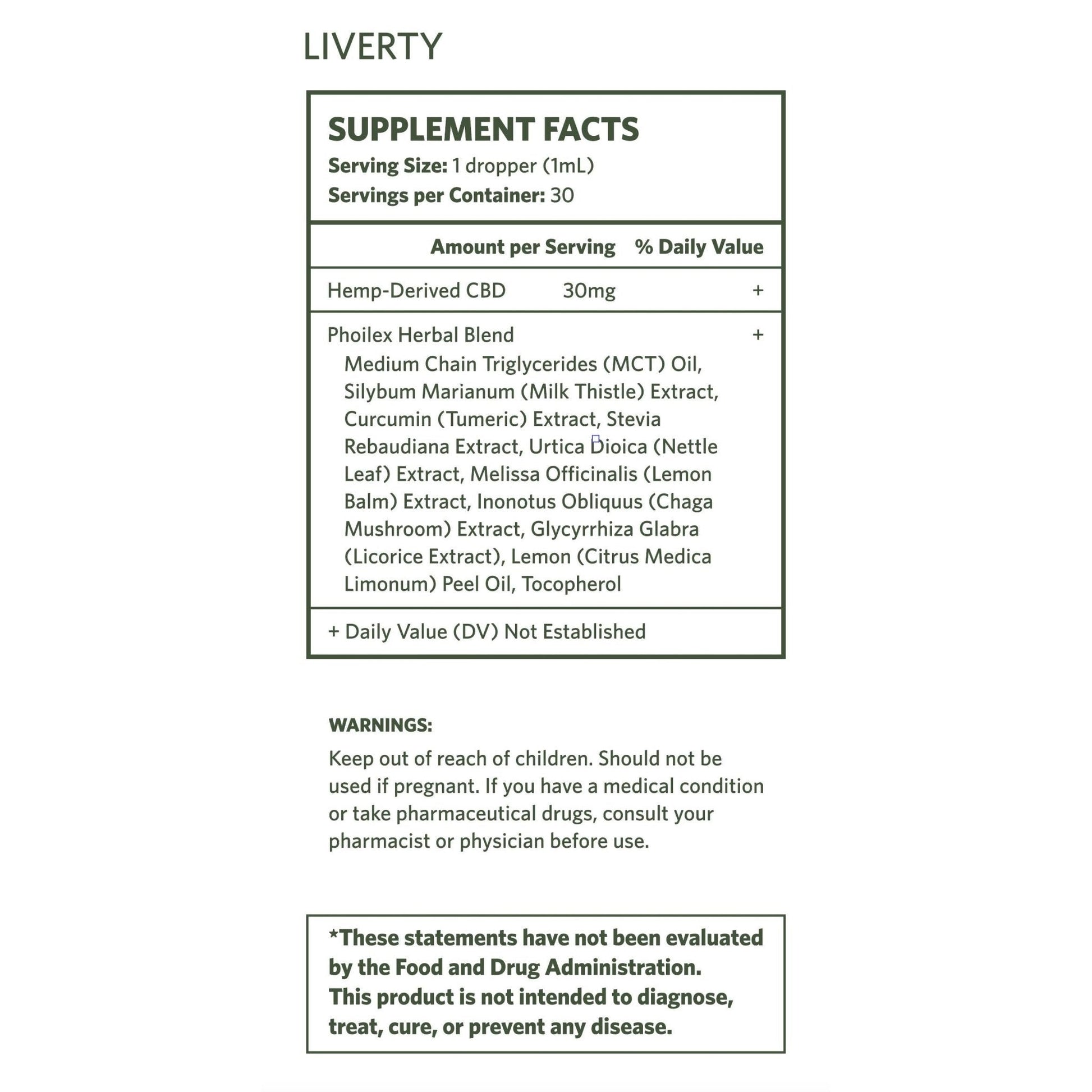 Supplement facts label: 1 dropper (1 mL) serving; 30 mg hemp-derived CBD per serving; herbal blend ingredients list; warnings and FDA disclaimer