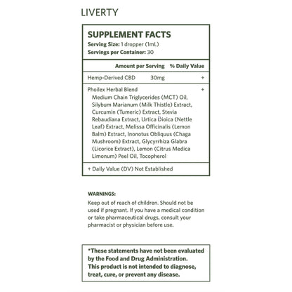 Supplement facts label: 1 dropper (1 mL) serving; 30 mg hemp-derived CBD per serving; herbal blend ingredients list; warnings and FDA disclaimer