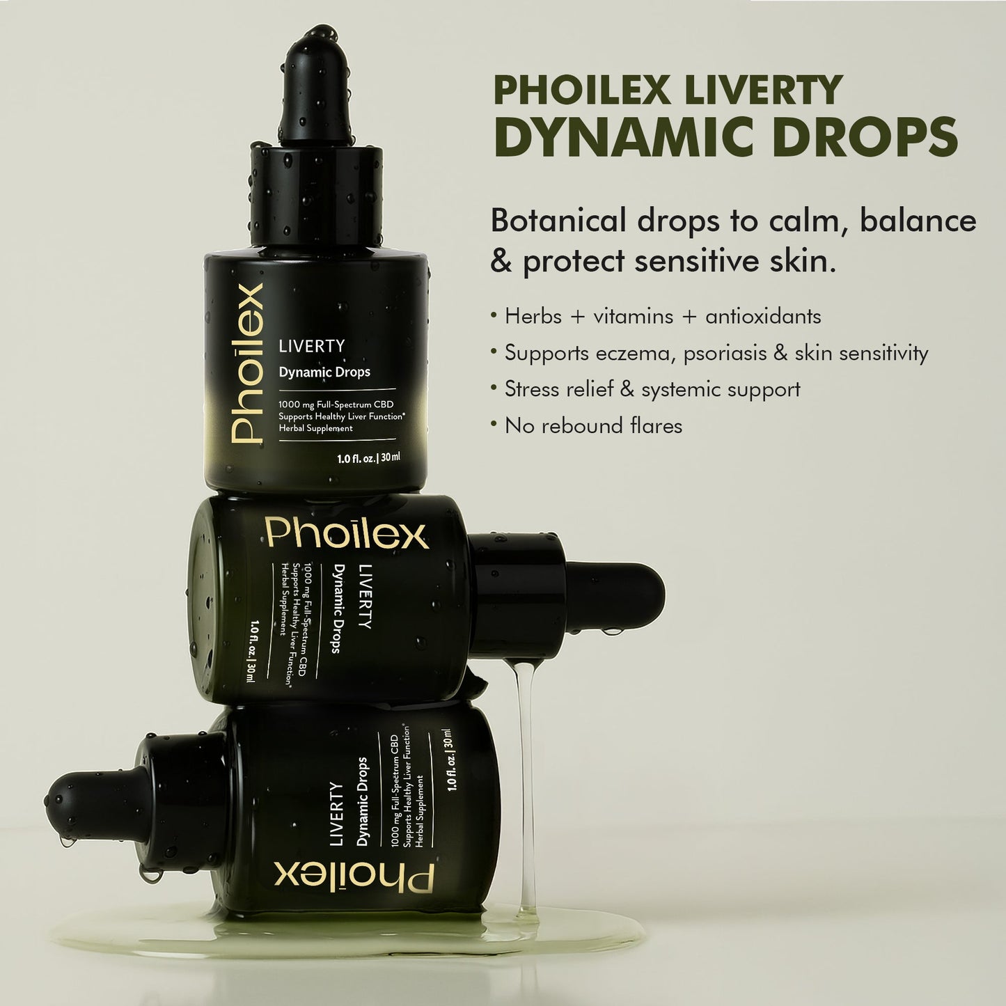 Front view of Phoilex Liverty Dynamic Drops, three stacked bottles showcasing droppers with dripping liquid on a pale green background, overlay headline DYNAMIC DROPS