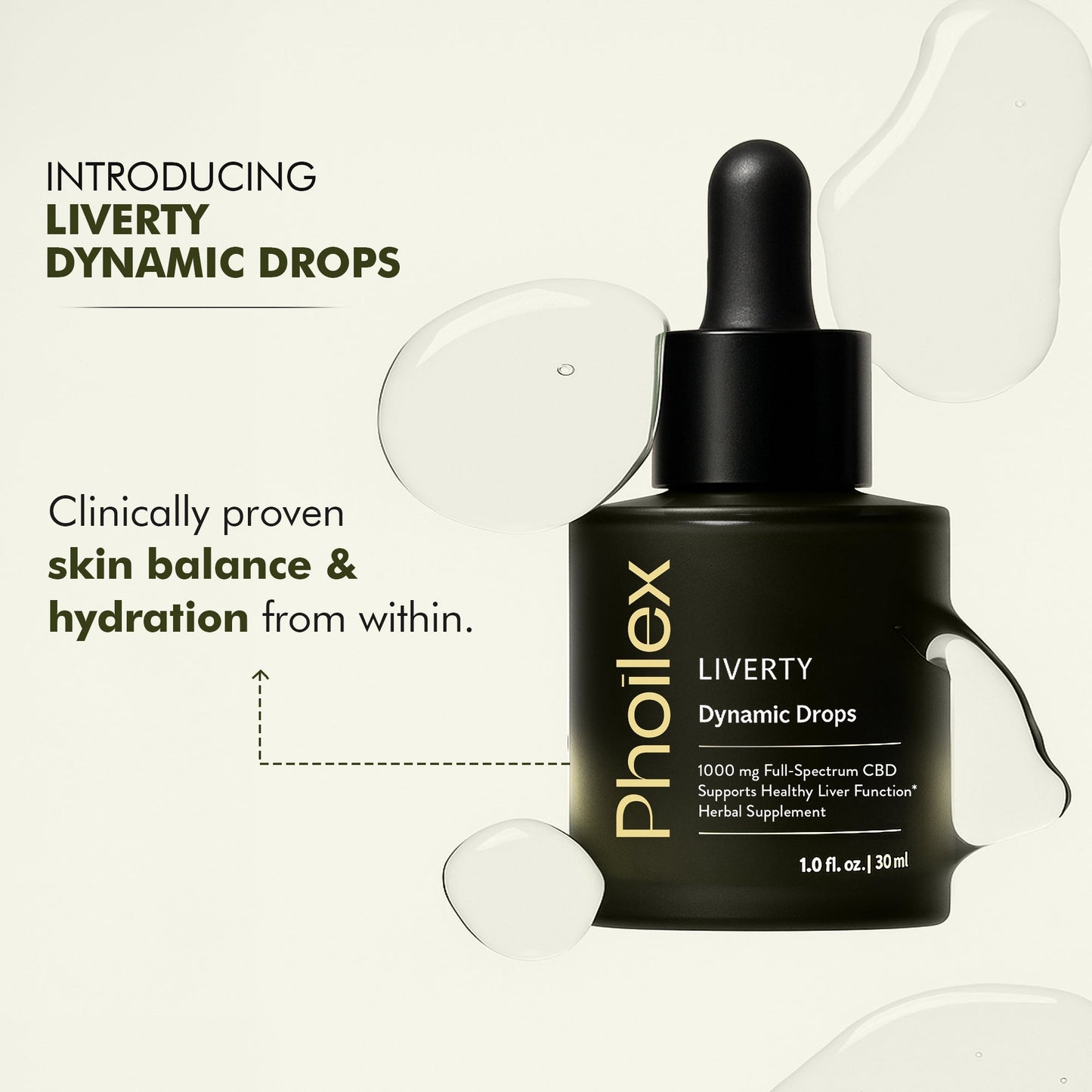 Front view of Liverty Dynamic Drops bottle with dropper; overlay text Introducing Liverty Dynamic Drops on light background