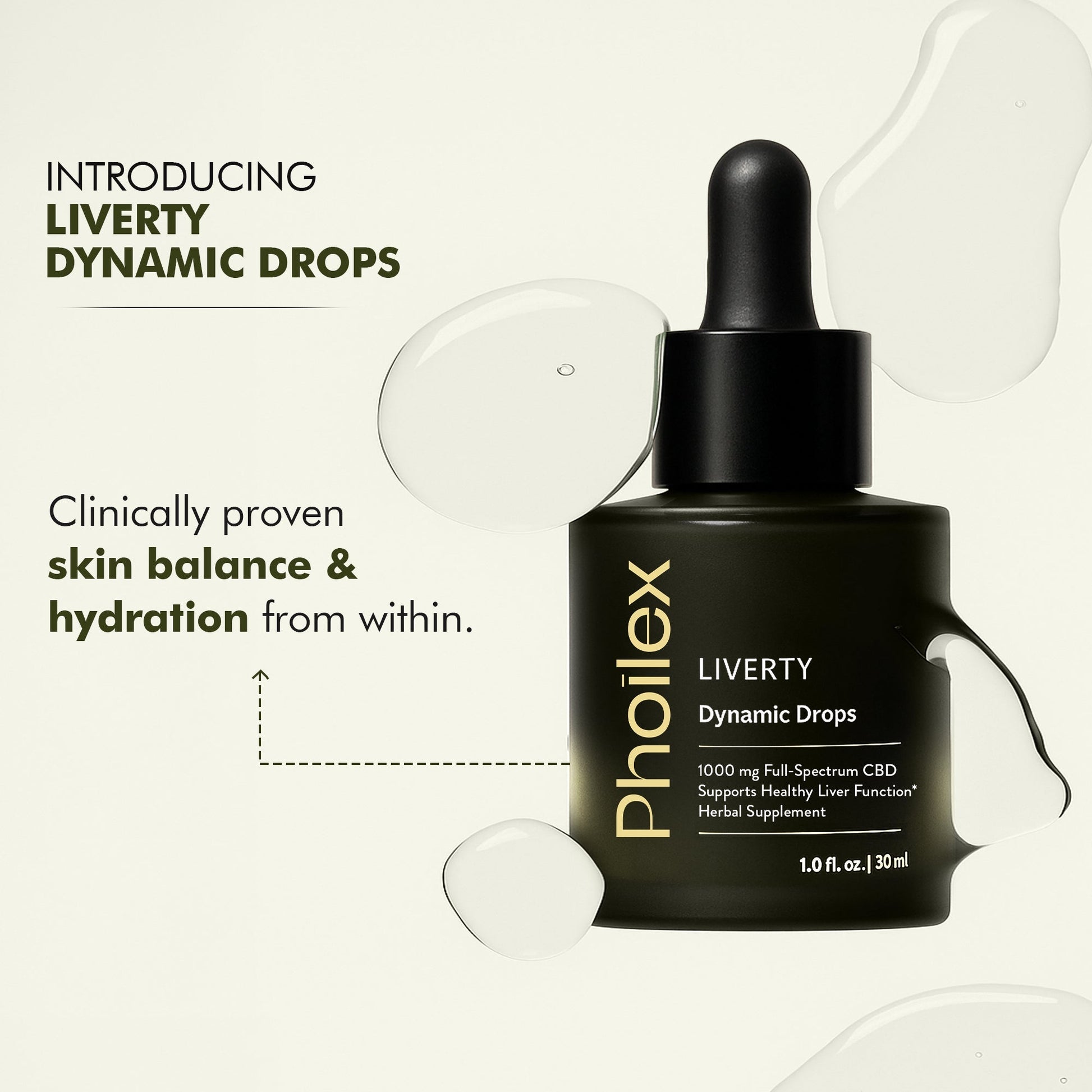 Front view of Liverty Dynamic Drops bottle with dropper; overlay text Introducing Liverty Dynamic Drops on light background