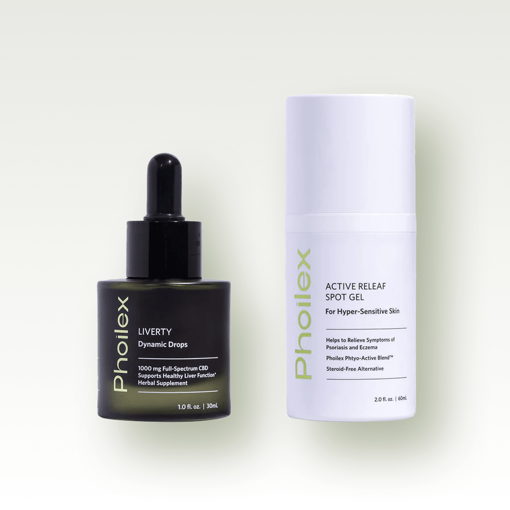 Front view of ReLeaf and Recover Set showcasing a dark glass dropper bottle and a white pump bottle with a pale gradient background
