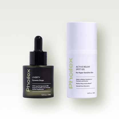 Front view of ReLeaf and Recover Set showcasing a dark glass dropper bottle and a white pump bottle with a pale gradient background